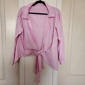 Shein Trendy Girly Pink & White stripped wrap Open Front long sleeve Medium Lrge